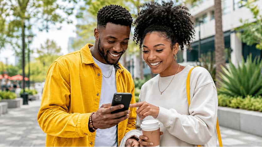 Two people sharing a business opportunity on a phone